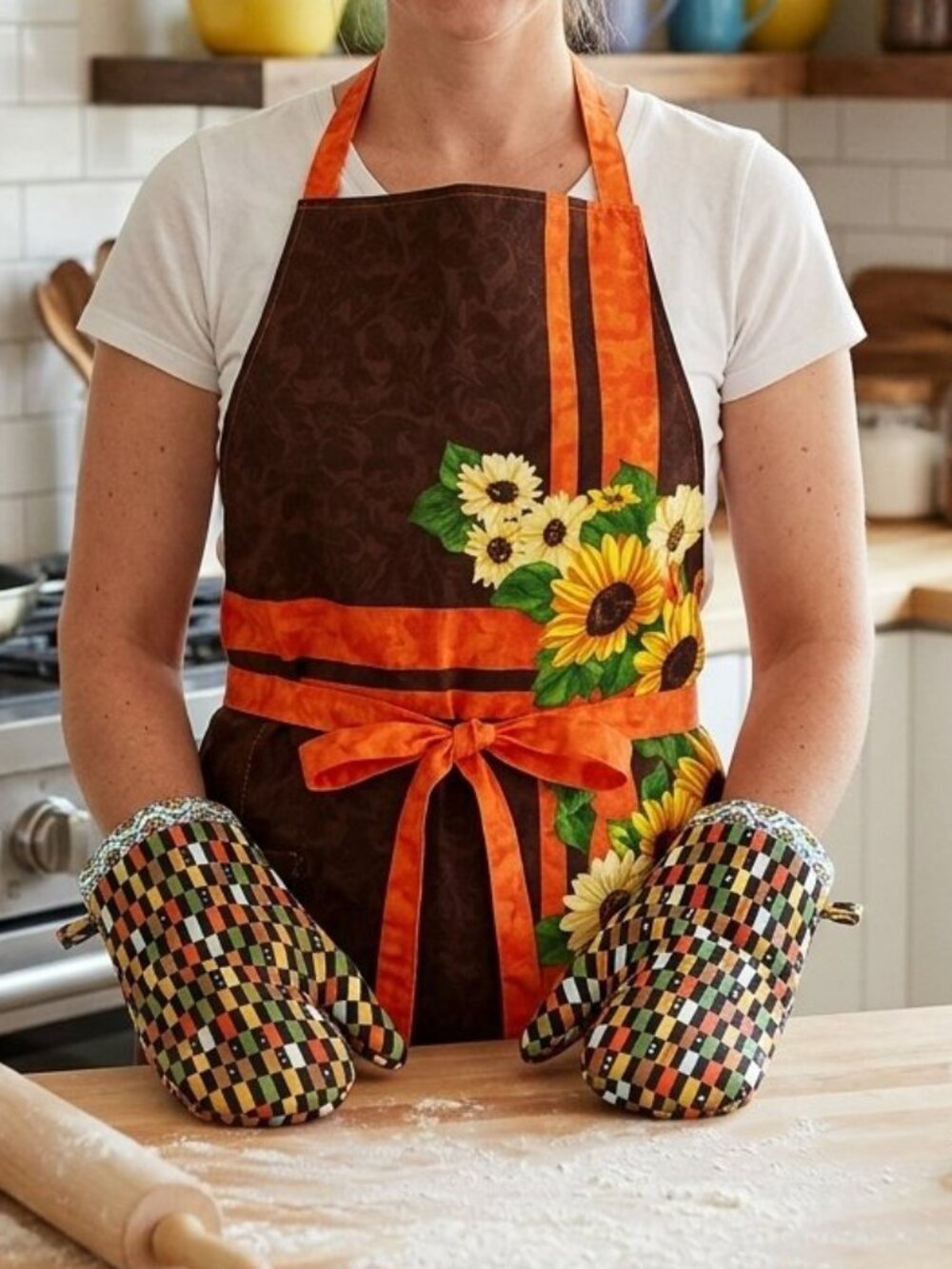 Handmade Kitchen Apron + Matching Oven Mitts Size S Sunflowers Kitchen Linens